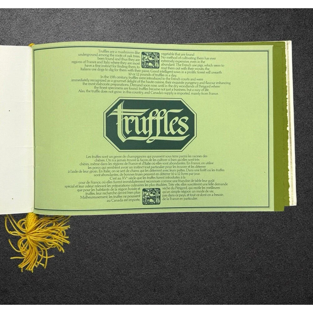 Vtg Truffles Cafe Menu Booklet Illustrated Green French Cuisine Ephemera Tassel